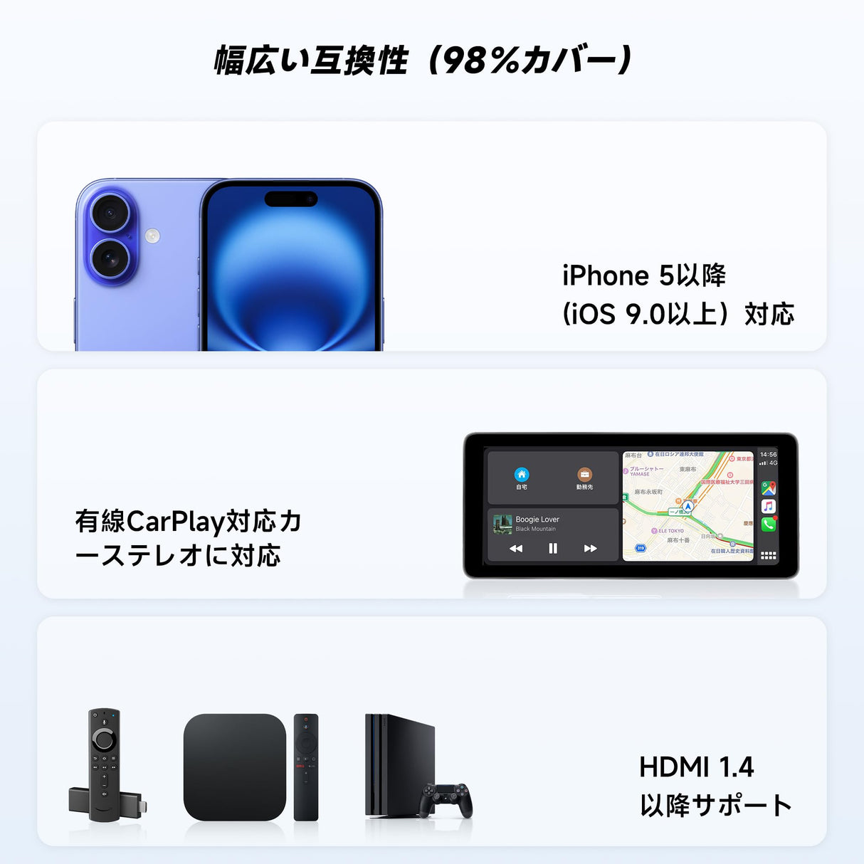 ATOTO AD1 ワイヤレスアダプター、HDMI搭載 2イン1アップグレードドングル、有線CarPlay車用、プラグ&プレイ、HDMIマルチメディアハブ (TVボックス/ゲームコンソール/DVD/ブルーレイ対応)、Bluetooth 5.2、OTAアップデート