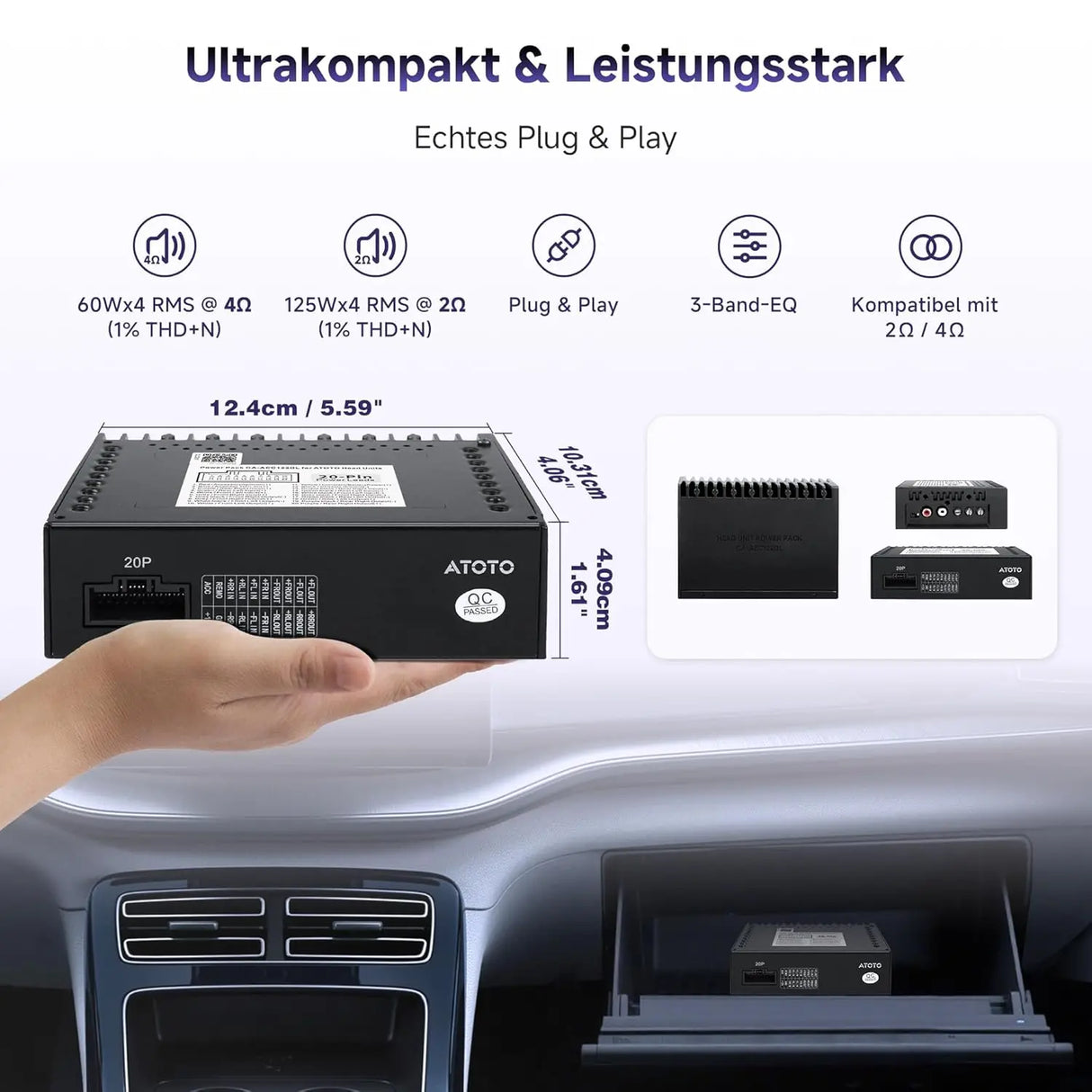ATOTO CA-AEC122DL Kompakter 4-Kanal Auto-Verstärker, RMS 4x60W, Klasse D TI TPA3221, 2m Stromkabel, Anpassbarer EQ, Kompatibel mit ATOTO Autoradios