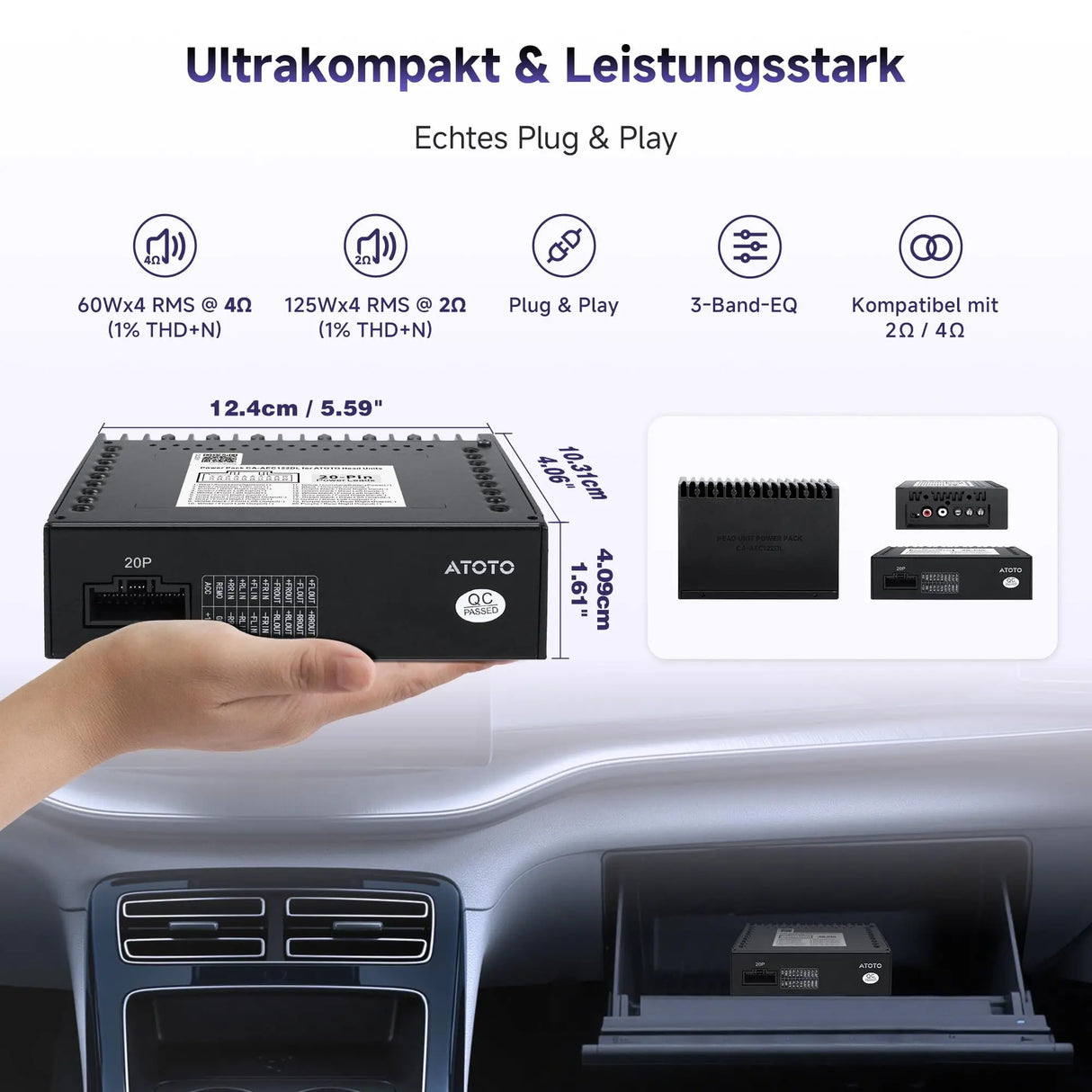 ATOTO CA-AEC122DL Kompakter 4-Kanal Auto-Verstärker, RMS 4x60W, Klasse D TI TPA3221, 2m Stromkabel, Anpassbarer EQ, Kompatibel mit ATOTO Autoradios