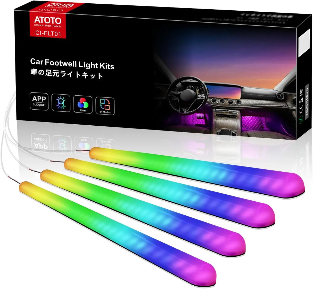 ATOTO CI-FLT01 Car LED Footwell Lights, 160 RGB LEDs, Interior Neon Lights, APP Wireless Control, DIY 21 Color Modes, 6 Music Modes, 16M+ Colors, Front and Rear Independent Adjustment
