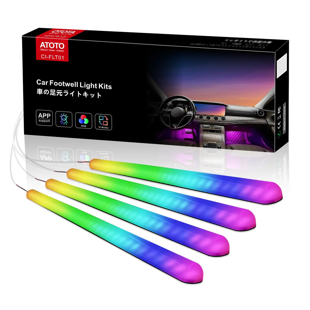 ATOTO車用LEDテープライトAPPコントロール付き、160LED RGB車内ライトLED車内装飾用、1600万色切替DIYマルチカラーモード、音に反応音楽同期、2ラインデザイン、フロントとリアの独立制御、超高輝度フットランプ足下照明、CI-FLT01