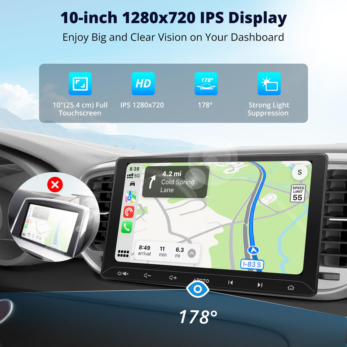 ATOTO A5LG211T 10.1" Android Double Din Radio with Wireless CarPlay/Android Auto, LRV Backup Camera & DVR Dashcam, WiFi/Bluetooth/USB Tethering, 2+32GB, 24-Band EQ & DSP, SWC/FM, MirrorLink, AI Chat
