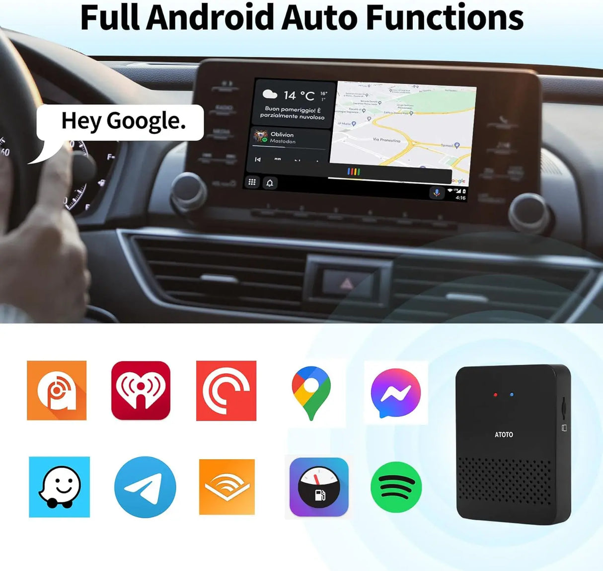 ATOTO AD3WAA-BK Wireless Android Auto Adapter - Convert Wired to Wireless for Factory/Aftermarket Radios - Compatible with Toyota, Nissan, Honda, Ford, Audi, Benz