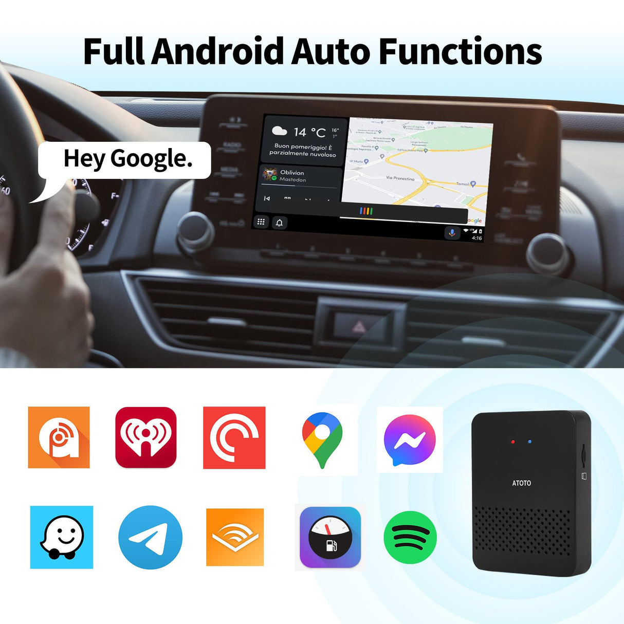 ATOTO AD3WAA-BK Wireless Android Auto Adapter - Convert Wired to Wireless for Factory/Aftermarket Radios - Compatible with Toyota, Nissan, Honda, Ford, Audi, Benz