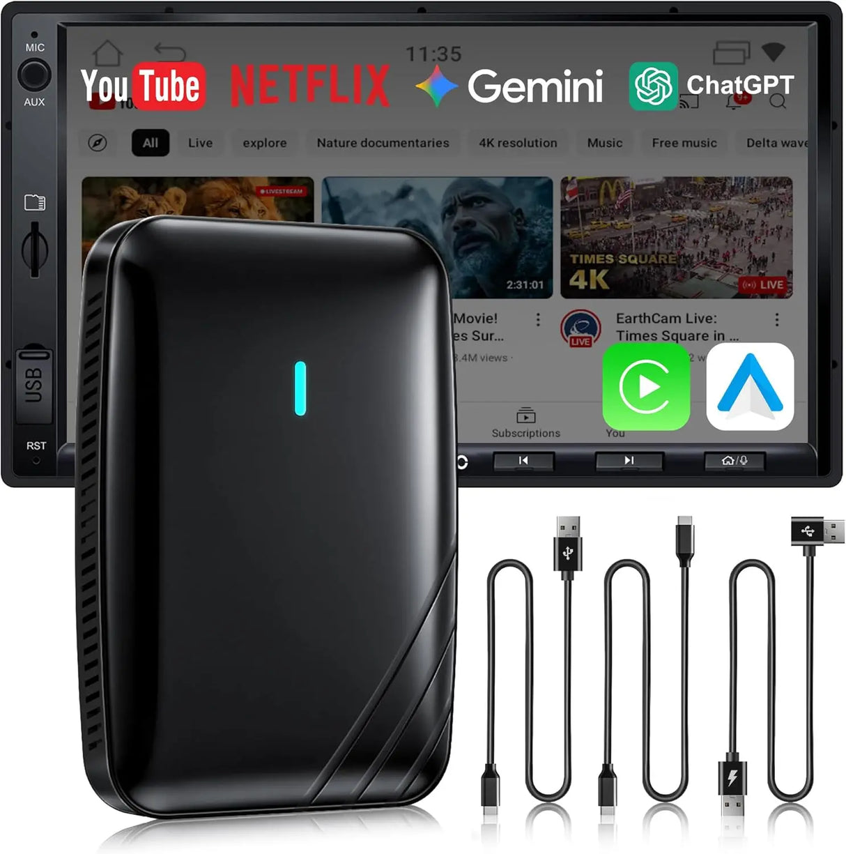 ATOTO CB4 Adattatore CarPlay Wireless – Doppio WiFi, Doppio Bluetooth, Scheda TF 128GB, 4G+32G, Android AI Box con DriveChat, Netflix/YouTube, Nero