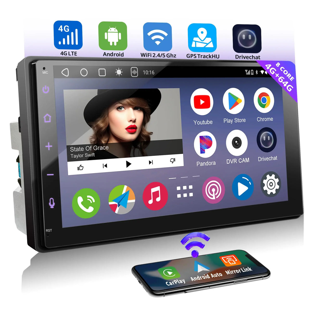 ATOTO A6G2B7PL 7" Double Din Car Stereo, 4G LTE, Wireless CarPlay and Android Auto, 4G+64G QLED Touchscreen, Microphone Included, 36-Band EQ, 2.4/5GHz WiFi, Bluetooth, GPS Tracker, Mirror Link