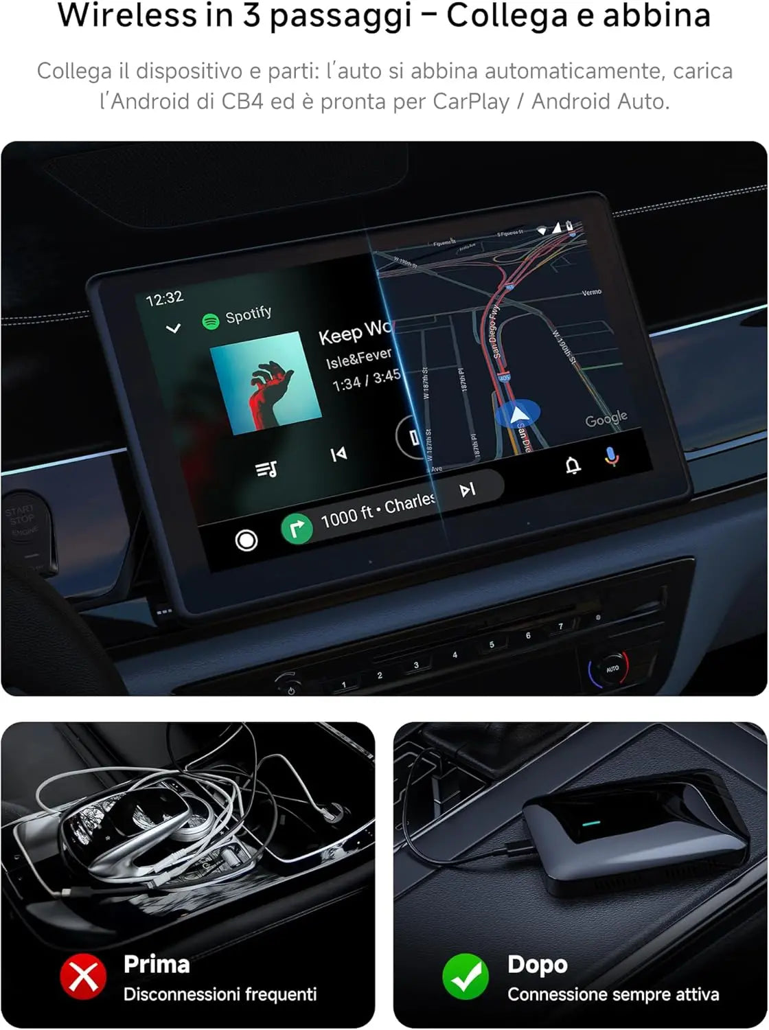 ATOTO CB4 Adattatore CarPlay Wireless – Doppio WiFi, Doppio Bluetooth, Scheda TF 128GB, 4G+32G, Android AI Box con DriveChat, Netflix/YouTube, Nero