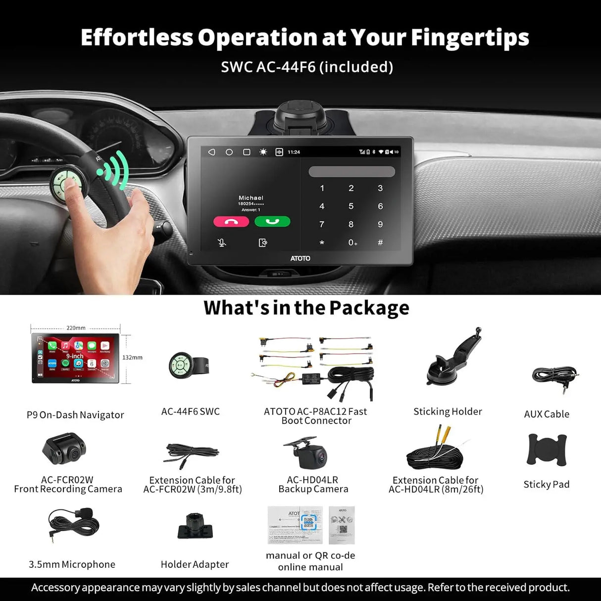 ATOTO 9" Portable Car Stereo with 1080P Dash & Rear Cameras, Wireless CarPlay & Android Auto, QLED Display, 4G LTE, Wi-Fi, ChatGPT, 4+32G, FM/AM Radio, Dual Bluetooth, GPS, HDMI Input