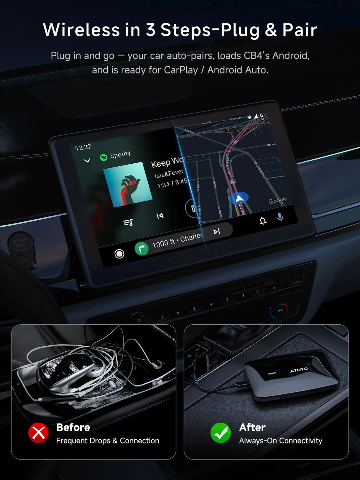 ATOTO CB4B Wireless CarPlay AI Box, Magic CarPlay Adapter with Netflix & YouTube, 4GB+32GB, Plug & Play, Dual Wi-Fi & Bluetooth, for OEM Wired CarPlay Cars