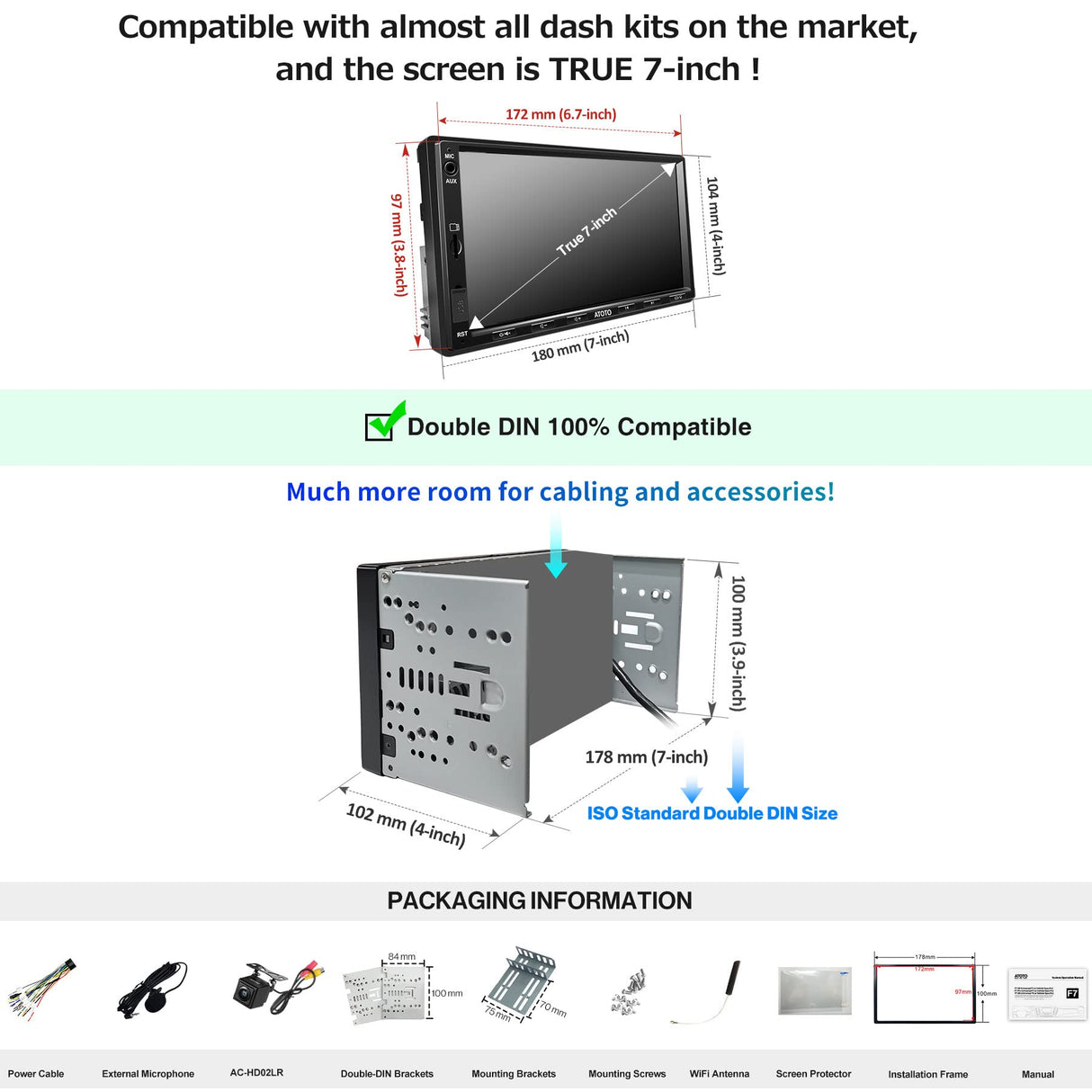 ATOTO F7G2A7XE 7" Double DIN Car Stereo, QLED Display, Backup Camera, Microphone, Wireless CarPlay & Android Auto, In-Dash Navigation, MirrorLink, Bluetooth, HD LRV, SXM, Phone Charging