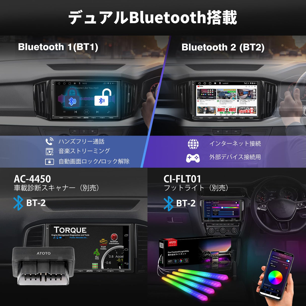 ATOTO S8G2A79UN 7" 2 Din ディスプレイオーディオ、Androidカーナビ、1080P フロント/リアカメラ、8コア 6GB+128GB、ワイヤレスCarPlay/Android Auto、4G内蔵、aptxHDデュアルBluetooth、Wi-Fi/USB テザリング、内蔵DSP・アンプ、GPS追跡、AI会話、MirrorLink、2分割画面、HDMI入力/出力対応