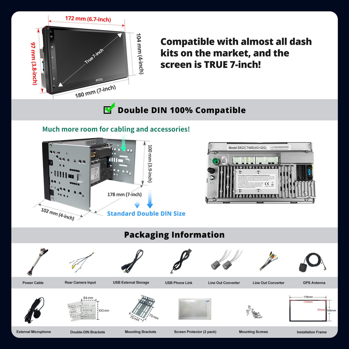 ATOTO A6G2C7PF 7" Double Din Car Stereo, QLED Touch Screen, Wireless CarPlay and Android Auto, MirrorLink, GPS Navigation, LRV, WiFi, Bluetooth, USB, Drivechat with ChatGPT