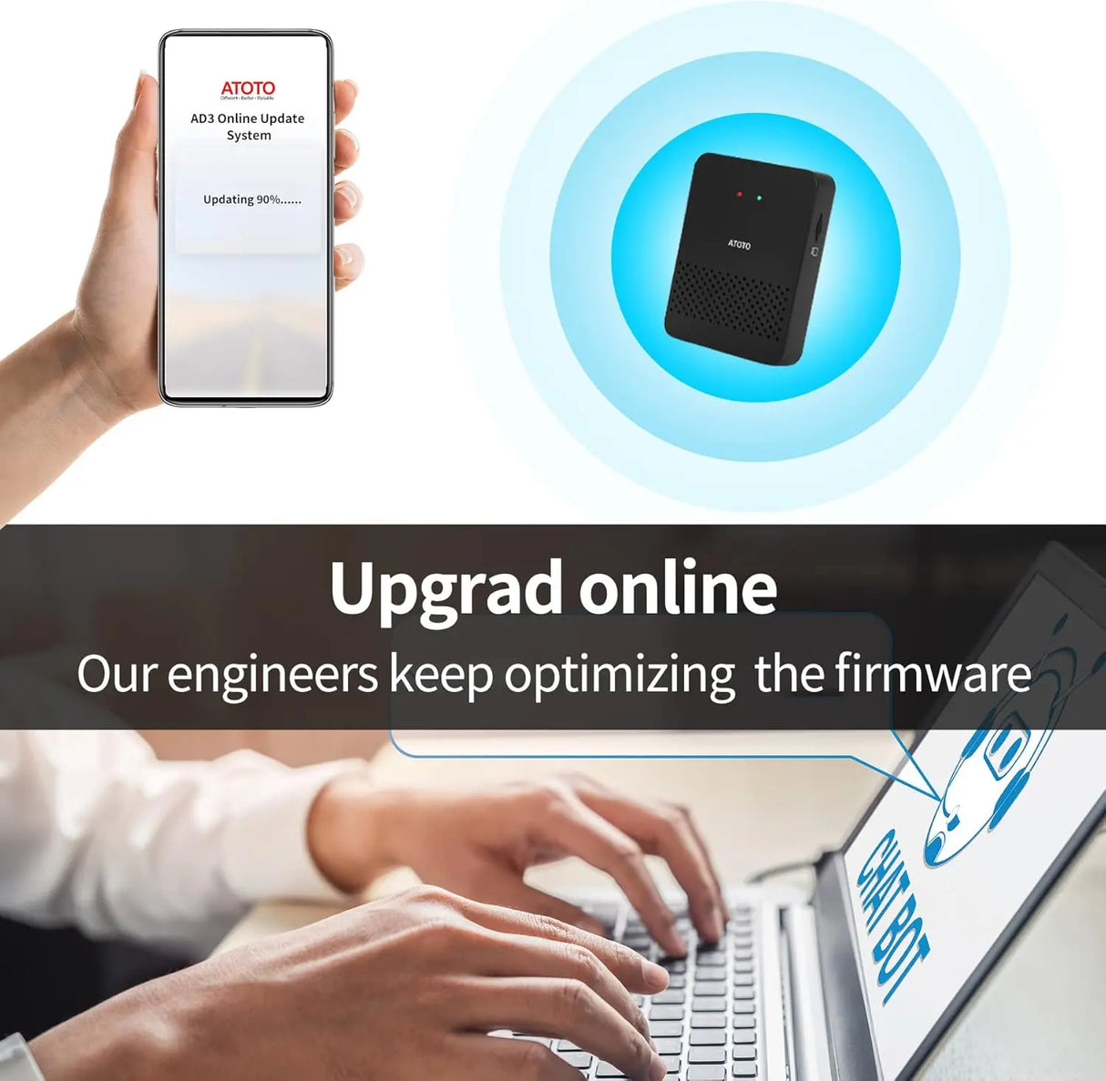 ATOTO AD3WAA-BK Wireless Android Auto Adapter - Convert Wired to Wireless for Factory/Aftermarket Radios - Compatible with Toyota, Nissan, Honda, Ford, Audi, Benz