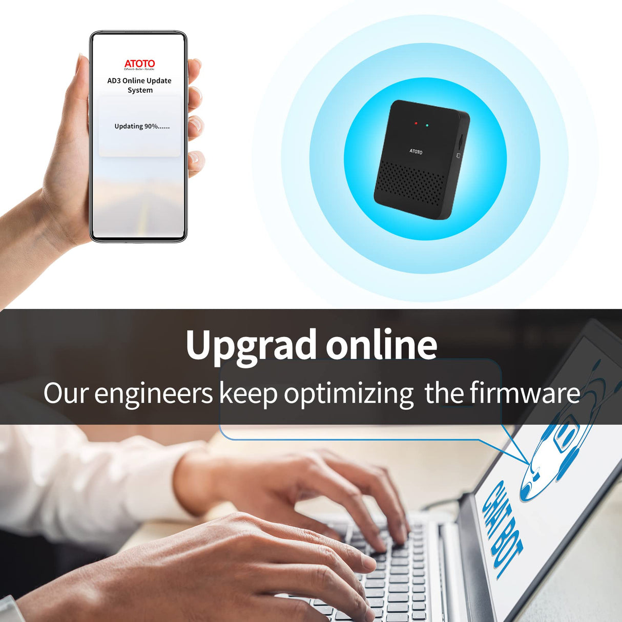 ATOTO AD3WAA-BK Wireless Android Auto Adapter - Convert Wired to Wireless for Factory/Aftermarket Radios - Compatible with Toyota, Nissan, Honda, Ford, Audi, Benz