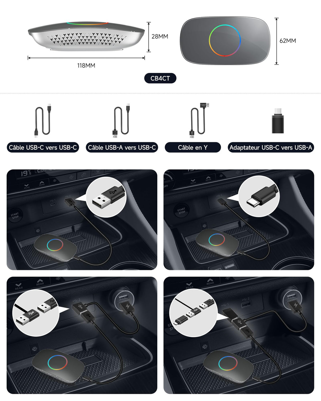 ATOTO CB4CT Adaptateur CarPlay Sans Fil, AI Box Android Auto & CarPlay Sans Fil, Android 13 2G+16G, Boîte Multimédia de Voiture pour YouTube/Netflix, Double 4G/WiFi/Bluetooth, OTA, Gris