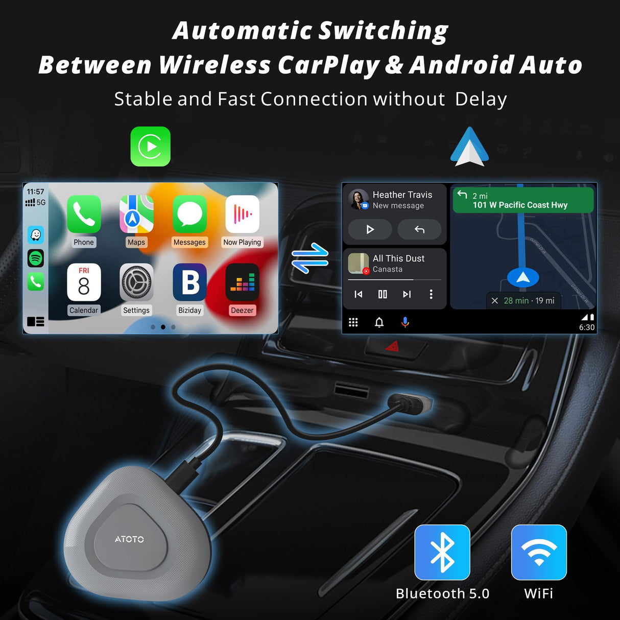 ATOTO AD3 Wireless CarPlay & Android Auto Adapter, Convert Wired to Wireless for iPhone & Android, Plug and Play, Auto Reconnect, Voice Commands, 18-Month Care (iOS 10+ Android 11+)