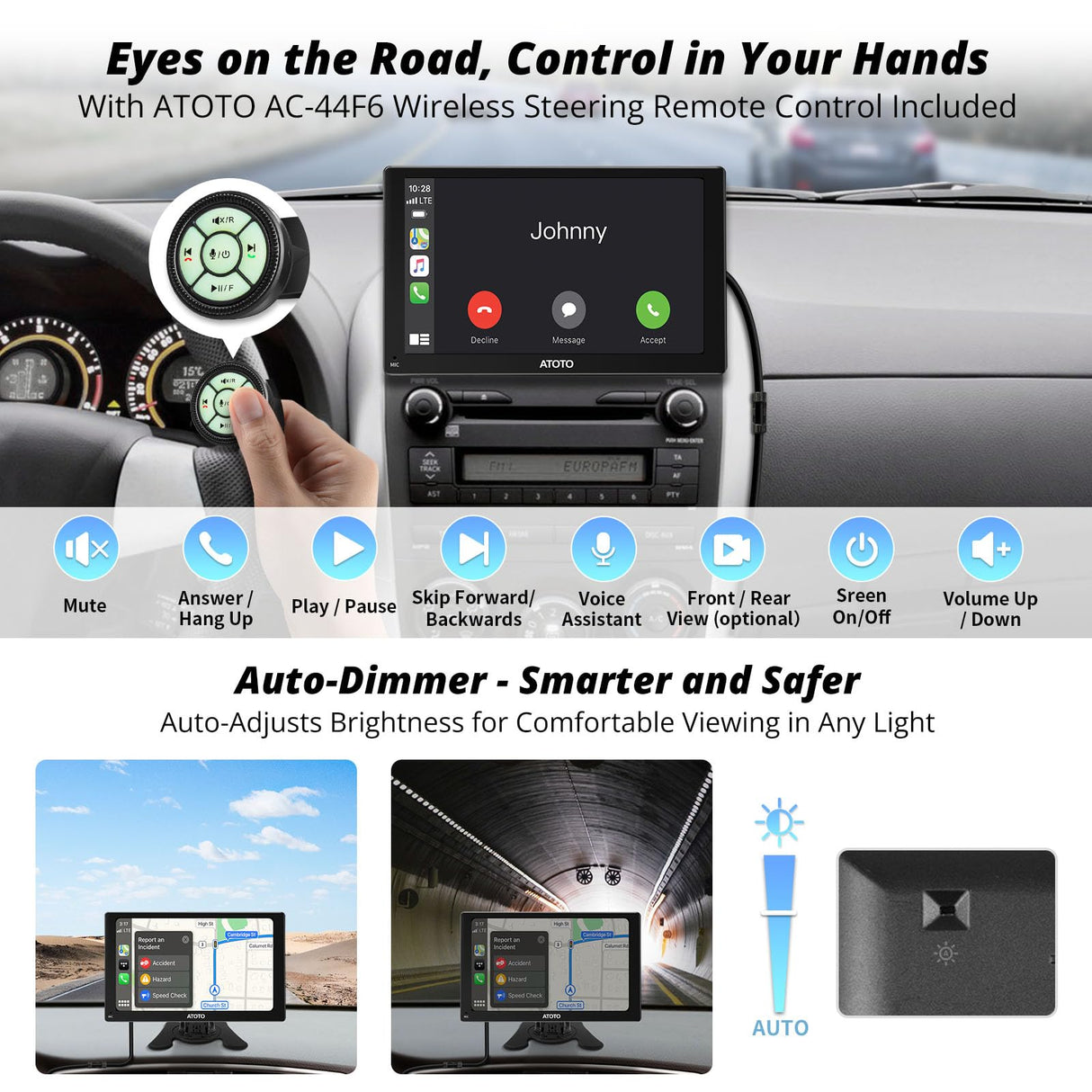ATOTO P5 GPS para coche portátil 7" QLED antirreflejos con control remoto, CarPlay/Android Auto inalámbrico, atenuador automático, mirroring, Bluetooth, salida AUX/FM, navegación