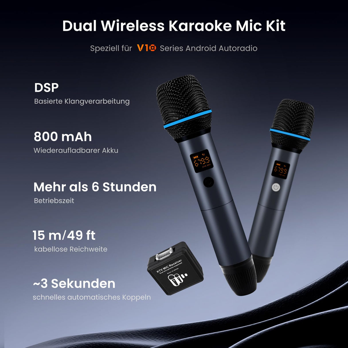 ATOTOEXCEL Drahtloses Mikrofon-Set, Zwei wiederaufladbare Handmikrofone mit Empfänger, 15m Reichweite, 6h Betrieb, Kompatibel mit V10-Serie Autoradios für Karaoke-Partys