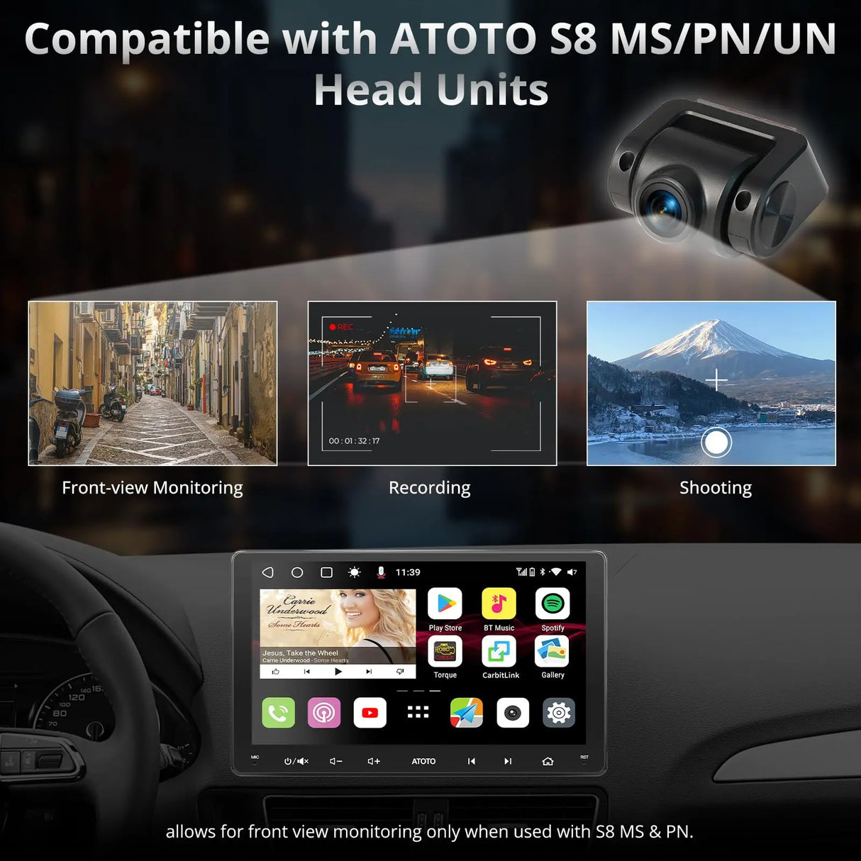 ATOTO AC-FCR04W Dash Cam 1080P, Angolo Ampio 150°, Visione Notturna, Registrazione in Loop, Supporta fino a 128GB, Compatibile con S8 UN/MS/PN (S8 PN Solo Monitoraggio Frontale)
