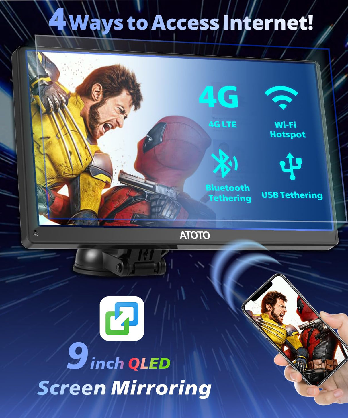 ATOTO 9" Portable Car Stereo with Front Dashcam, Wireless CarPlay & Android Auto, QLED Touchscreen, GPS Navigation, 4G LTE, Wi-Fi, ChatGPT, 4+32G