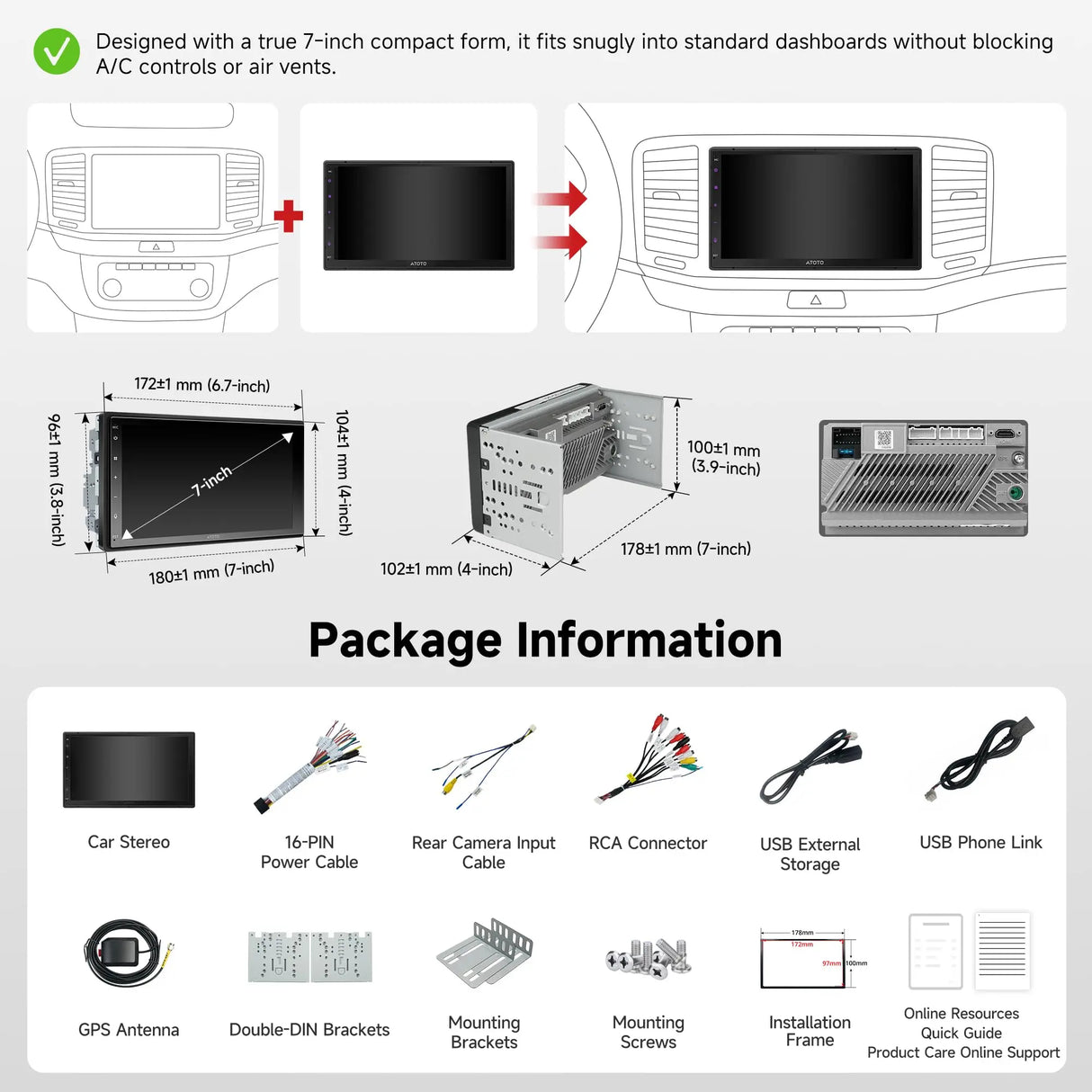 ATOTO A5LG2B7T Double DIN Android Car Stereo, Wireless CarPlay & Android Auto, 7 inch Touch Screen Head Unit, GPS Tracking, HD LRV (Live Rear-View), DSP 24EQ, MirrorLink, WiFi/BT/USB