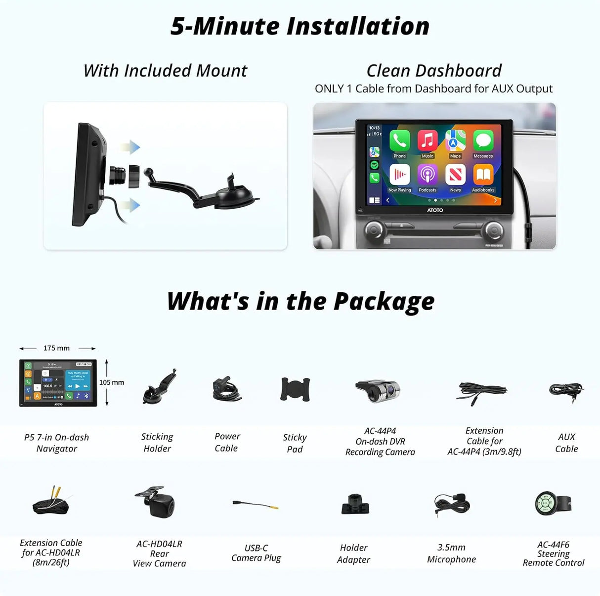 ATOTO P507SD 7″ Portable CarPlay Screen with Dual Cameras – QLED Glare-Suppressing Touchscreen, GPS Navigation, Wireless CarPlay & Android Auto, Remote Control, Bluetooth & AUX/FM