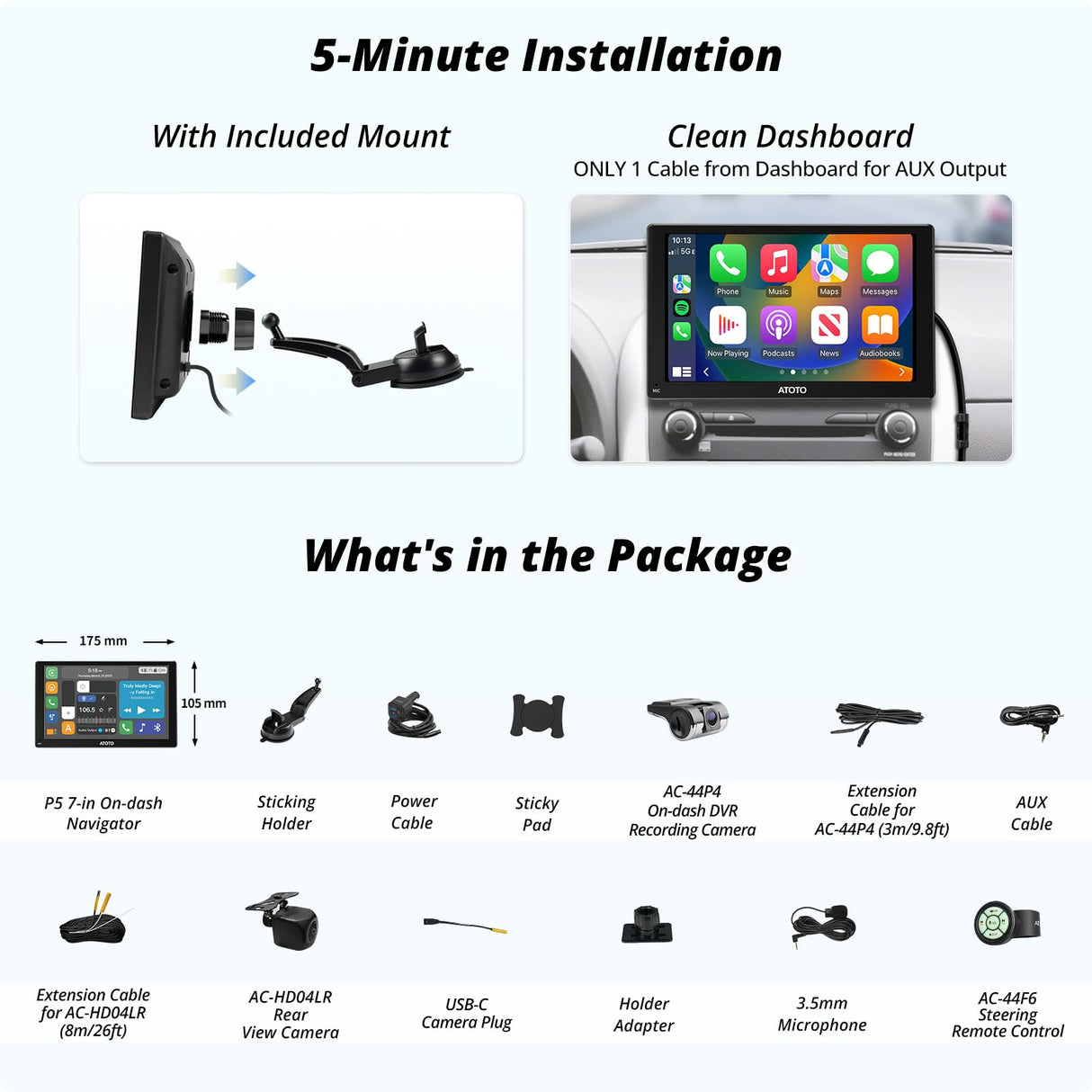 ATOTO P507SD 7″ Portable CarPlay Screen with Dual Cameras – QLED Glare-Suppressing Touchscreen, GPS Navigation, Wireless CarPlay & Android Auto, Remote Control, Bluetooth & AUX/FM