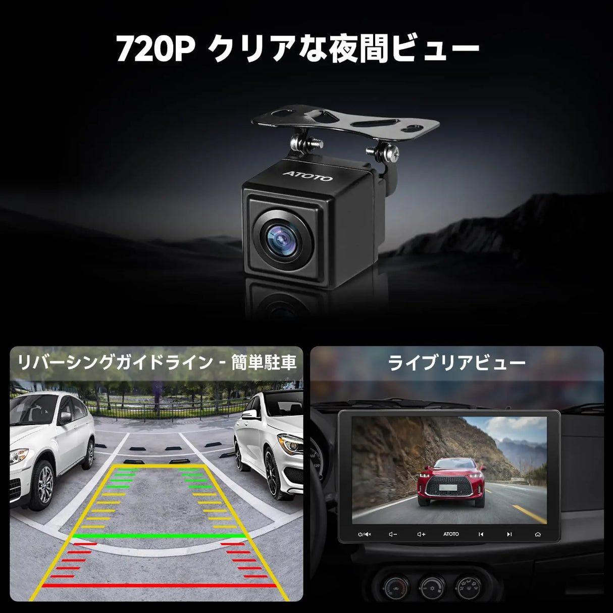 ATOTO S8モデル専用(S8 UN/PN/MSを除く)AC-HD03LR 720P バックカメラ(広角180°)。VSV(仮想サラウンドビュー)パーキング、LRV(突然リアビュー)、ナイトビジョンおよび防水機能を搭載。