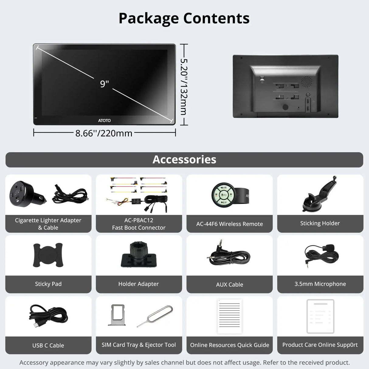 ATOTO 9" Portable Car Stereo with Bluetooth, Wi-Fi, Wireless CarPlay & Android Auto, MirrorLink, GPS Tracking, Multimedia Audio Player