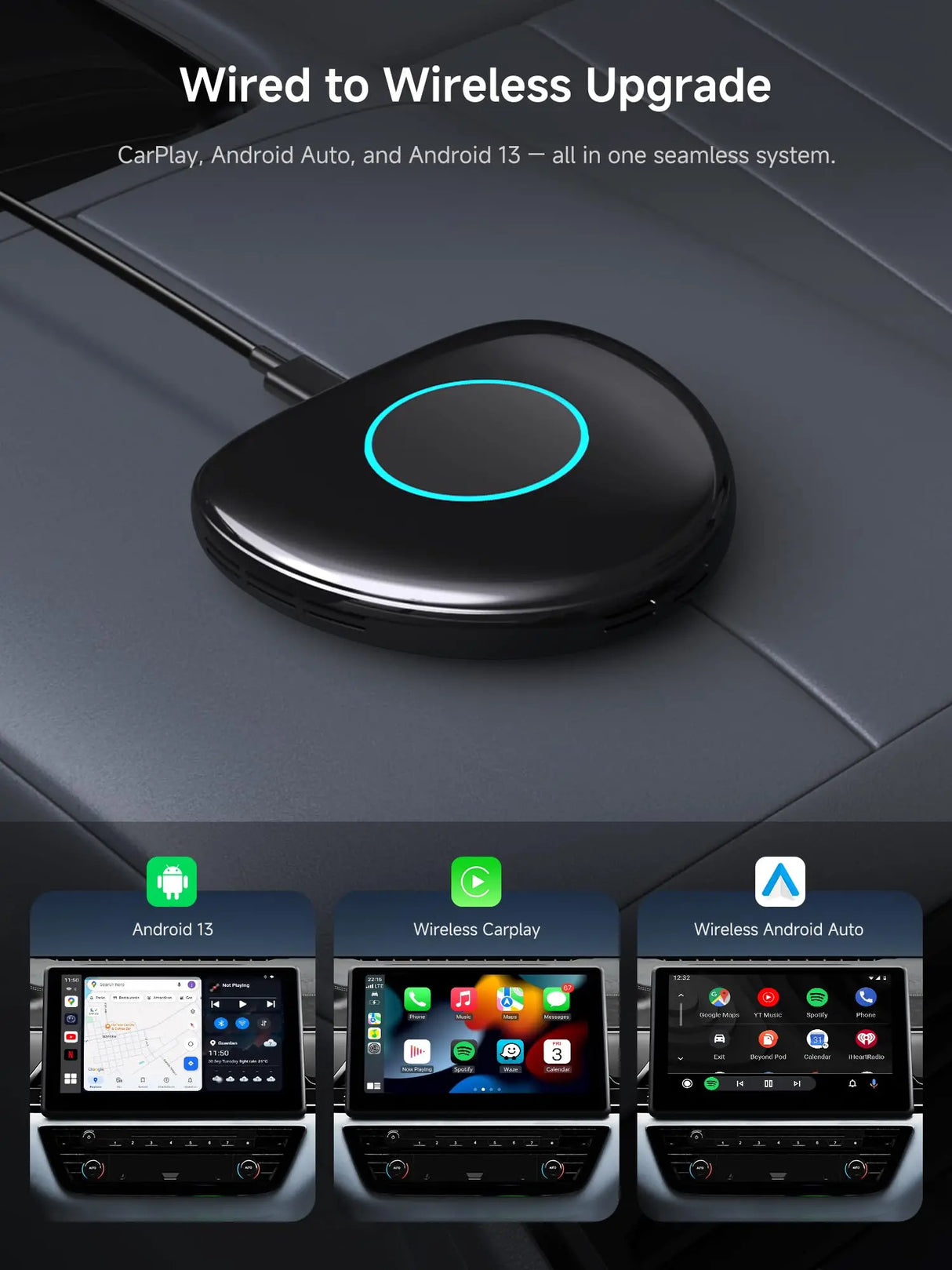 ATOTO CB6 CarPlay AI Box – Android Auto Wireless Adapter, 8GB+128GB Car Streaming Device with 4G, Dual Bluetooth, USB, Built-in GPS, AI Assistant, microSD Expansion, OTA