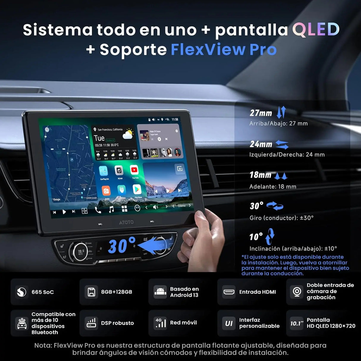 ATOTO X10G110E Radio 1 DIN Android 10" QLED, 8GB+128GB, Pantalla Flotante, CarPlay y Android Auto Inalámbricos, 4G LTE, Doble Teléfono, 2 Bluetooth, 36B-EQ, SCVC