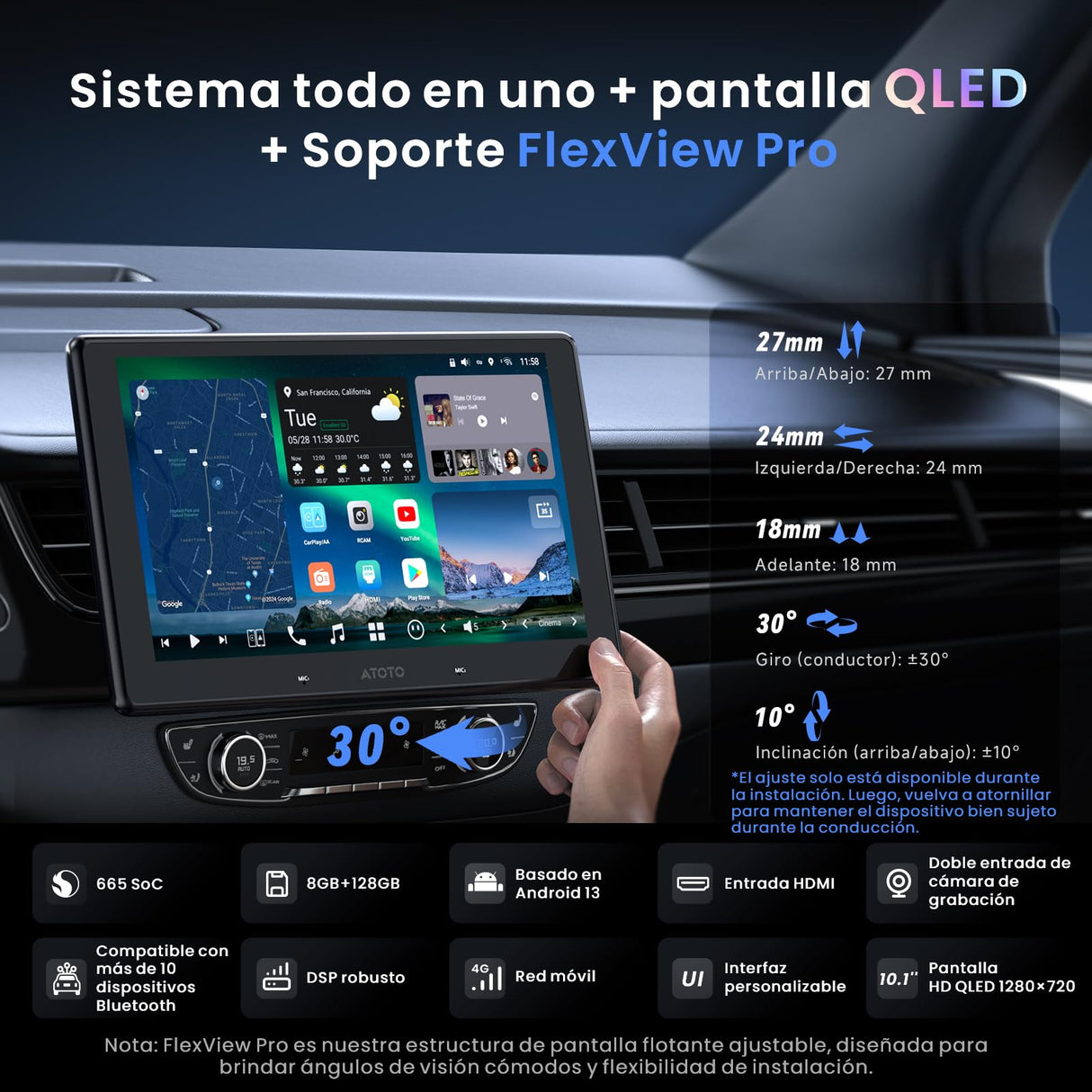 ATOTOZONE 10" QLED AI Radio Android 1 DIN, 8G+128G, 4G LTE,Pantalla Flotante Coche,CarPlay y Android Auto Inalámbricos, Doble Teléfono & 2 Bluetooth,36B-EQ,SCVC,X10G110E