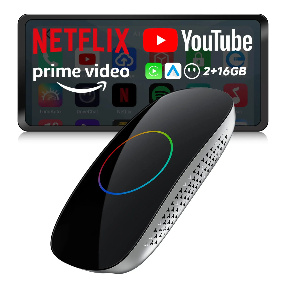 ATOTO CB4CT CarPlay AI Box – CarPlay Wireless e Android Auto, Android 2GB+16GB, Streaming YouTube/Netflix, Doppio Wi-Fi e Bluetooth, OTA, Nero