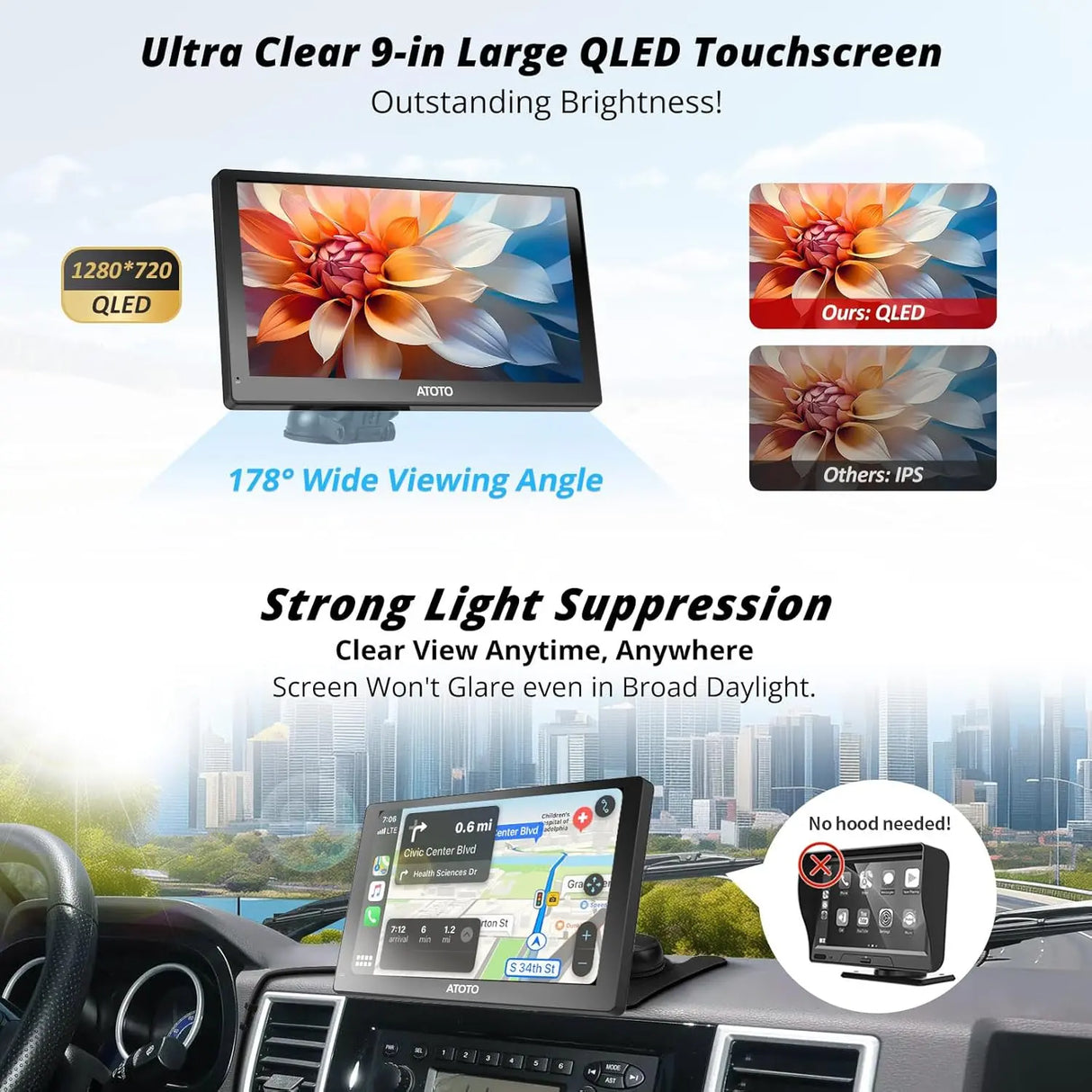 ATOTO P509SD 9-Inch Portable Car Stereo with Wireless CarPlay, Anti-Glare QLED Touchscreen, Wireless Android Auto, Bluetooth, Auto Dimming, MirrorLink, AUX/FM Output