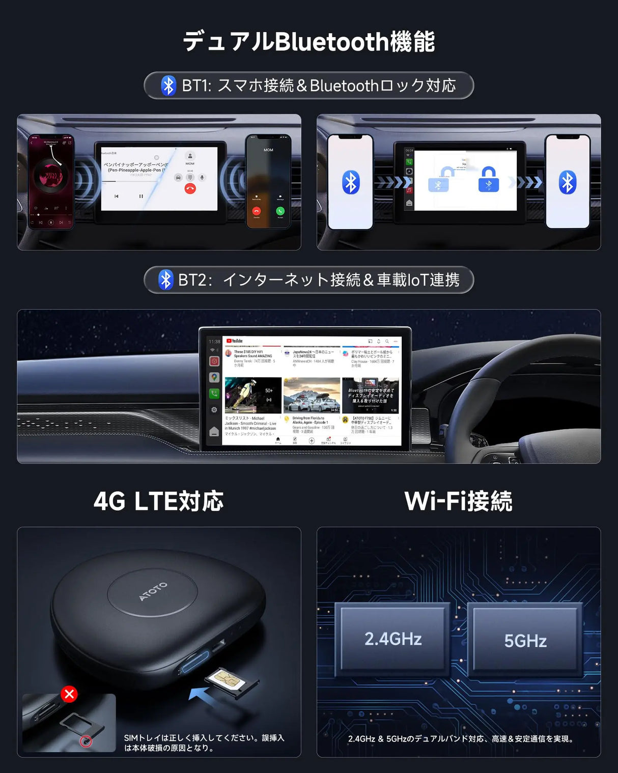 ATOTO CB6C ワイヤレスコントローラー、2025年Android 13アップグレード、CarPlay AIボックス、Android Autoアダプター、GPSトラッキング、AI DriveChat、4G LTE、2 BT、4G+64G、プラグ&プレイ、ディープブラック