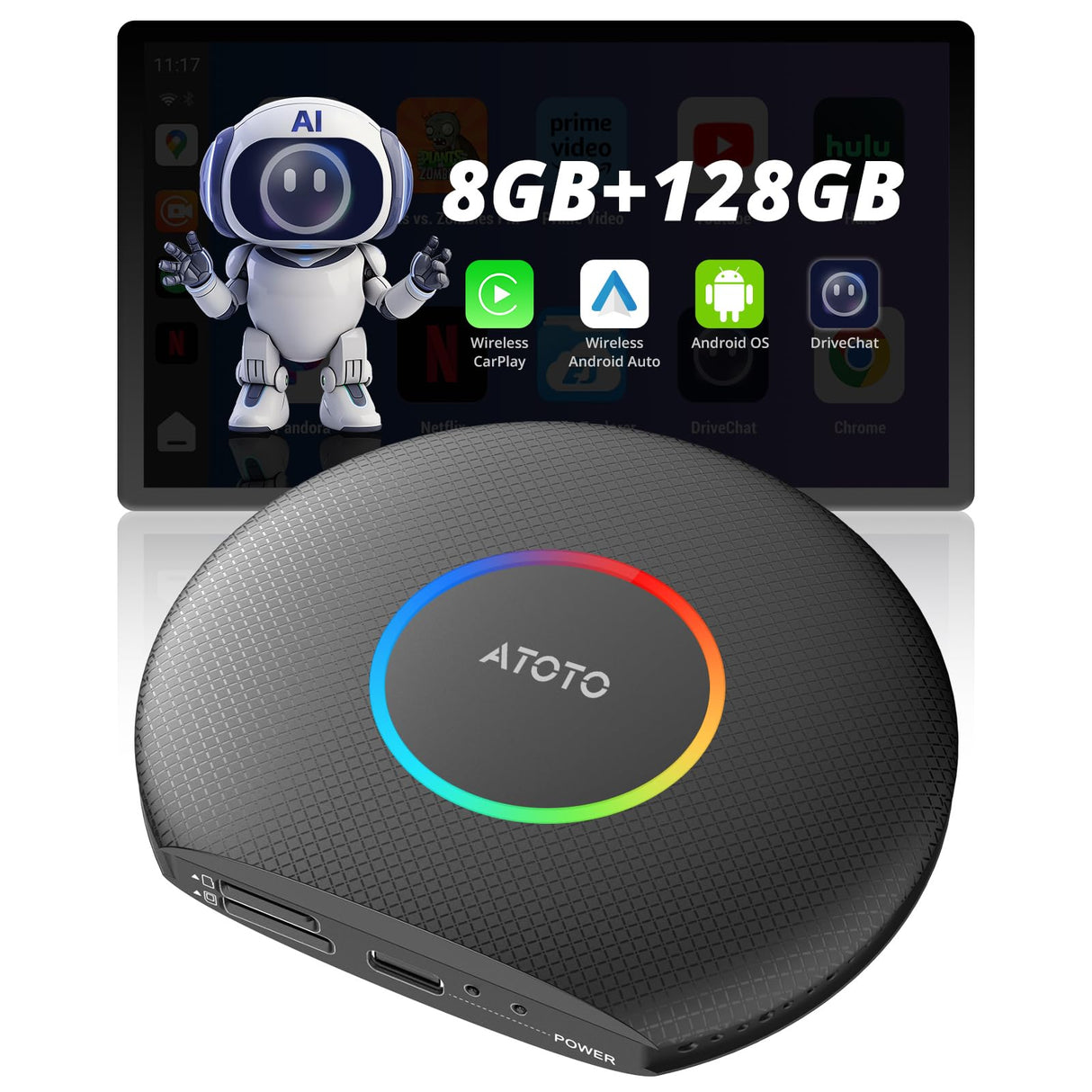 ATOTO CB6 Wireless CarPlay-Adapter – 8 GB + 128 GB, 4G LTE, Android 13, GPS, Plug & Play, Android AI-Box mit DriveChat, Netflix/YouTube-kompatibel, Schwarz