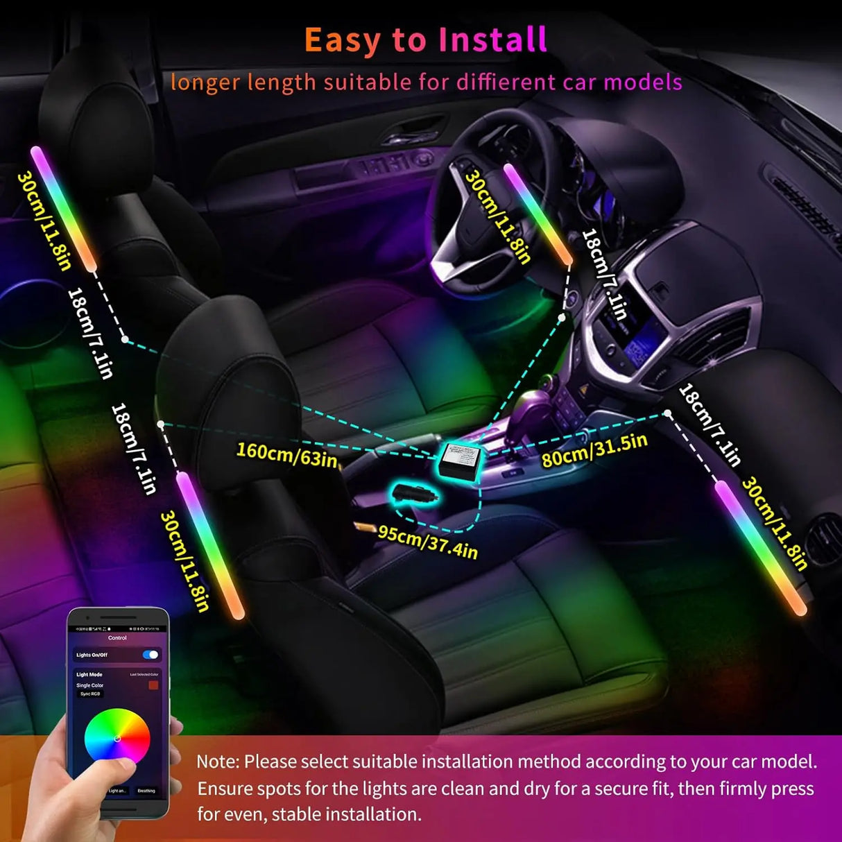 ATOTO CI-FLT01 Smart Car LED Lights - App Controlled RGB Interior Lighting, 160 LEDs, 16M Colors, 21 Music Modes, Front/Rear Independent Control