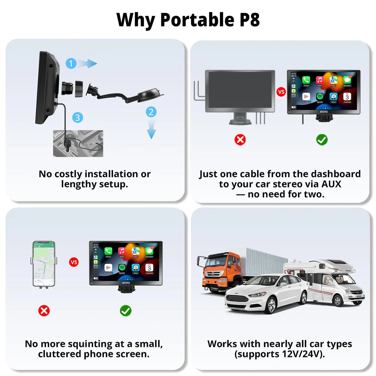 ATOTO P8 Portable Car Stereo, Wireless CarPlay & Wireless Android Auto, 7inch QLED Glare-Suppressing Touchscreen, WDR&Auto Dimmer, Bluetooth, Remote Control, AUX/FM Output, P807SD-RM