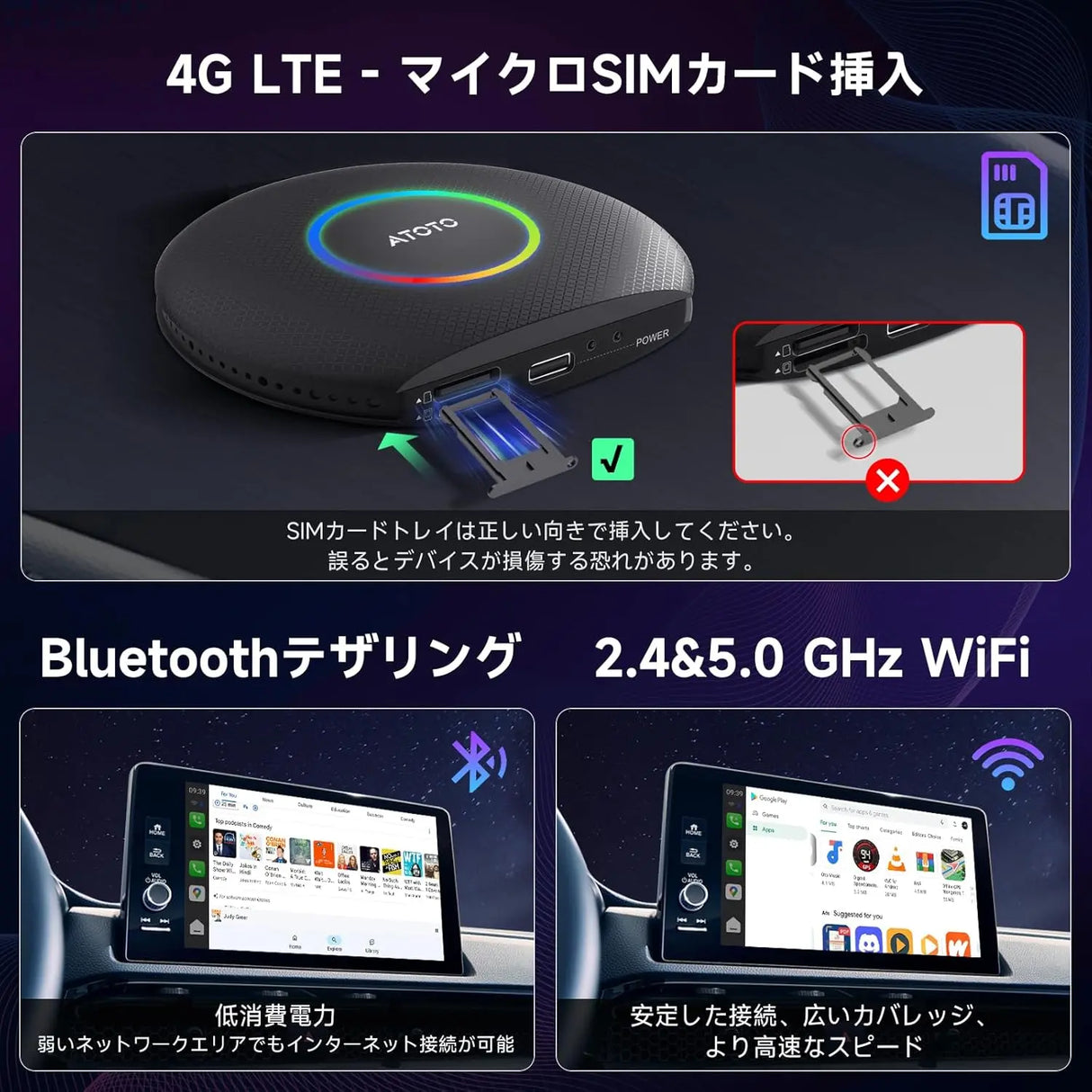 ATOTO CB6 ワイヤレスCarPlay/ Android Autoチップ:Bluetooth搭載、GPSトラッキング機能、8GB+128GB、大量のアプリに対応、インテリジェントAIボイスドングル、ブラック