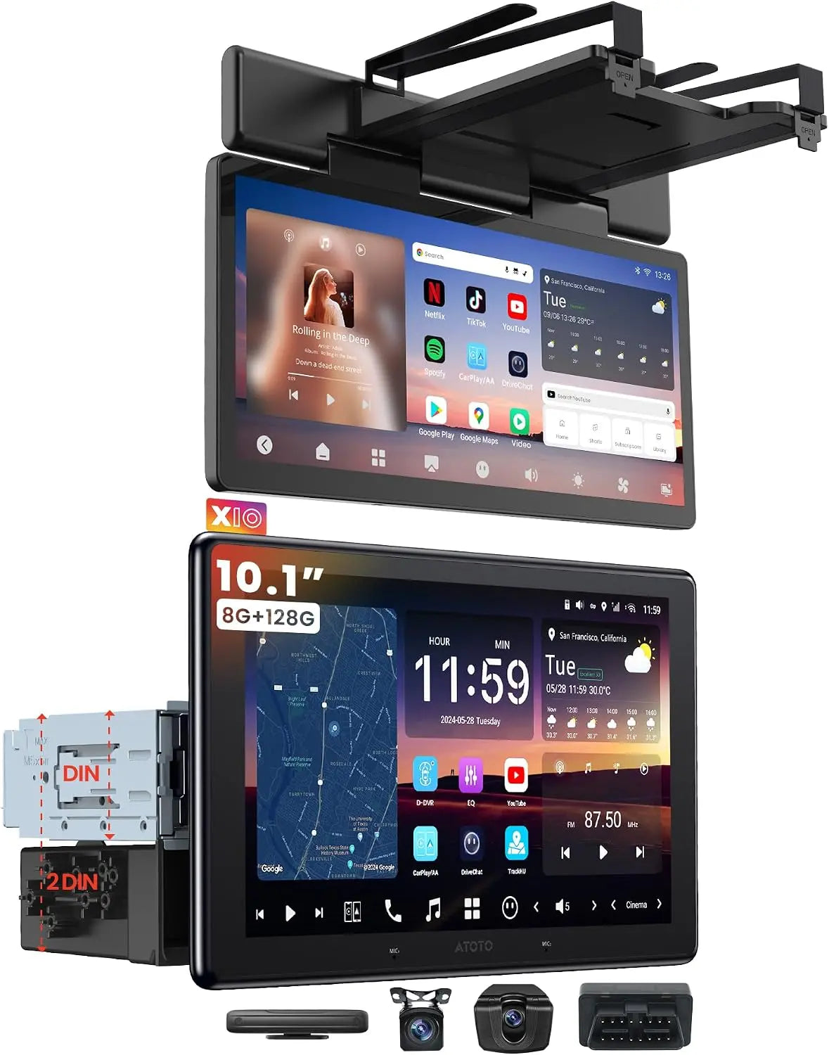 ATOTO X10G110ESM-R3S インチ 1DIN/2DINカーナビオーディオ|10.1インチ大型エンタメモニター搭載、8GB+128GB、4G LTE、2カメラ同期録画、AIビジョン、リモートライブビュー&遠隔起動、7.1.2サラウンド音場、HDMI入力・4V RCA出力、ワイヤレスCarPlay・Android Auto、ゴールデンアワーアラート、GPSトラッキング