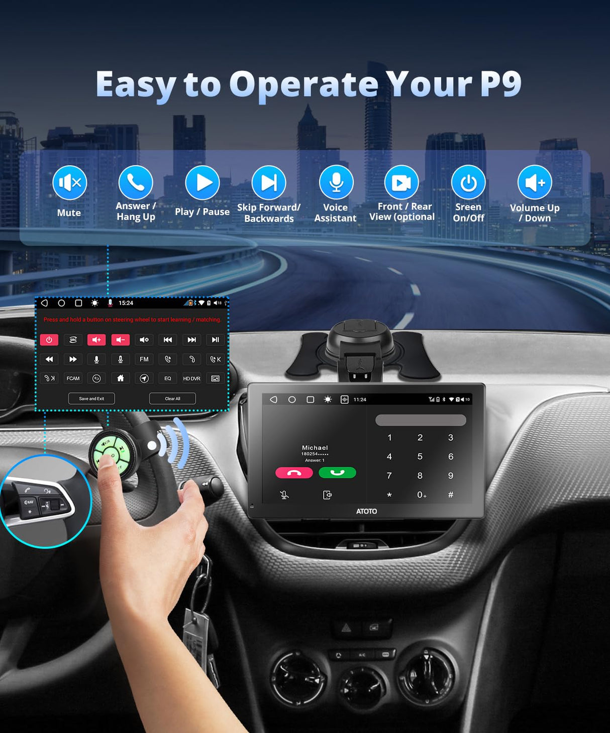 ATOTO 9" Portable Car Stereo with Front Dashcam, Wireless CarPlay & Android Auto, QLED Touchscreen, GPS Navigation, 4G LTE, Wi-Fi, ChatGPT, 4+32G