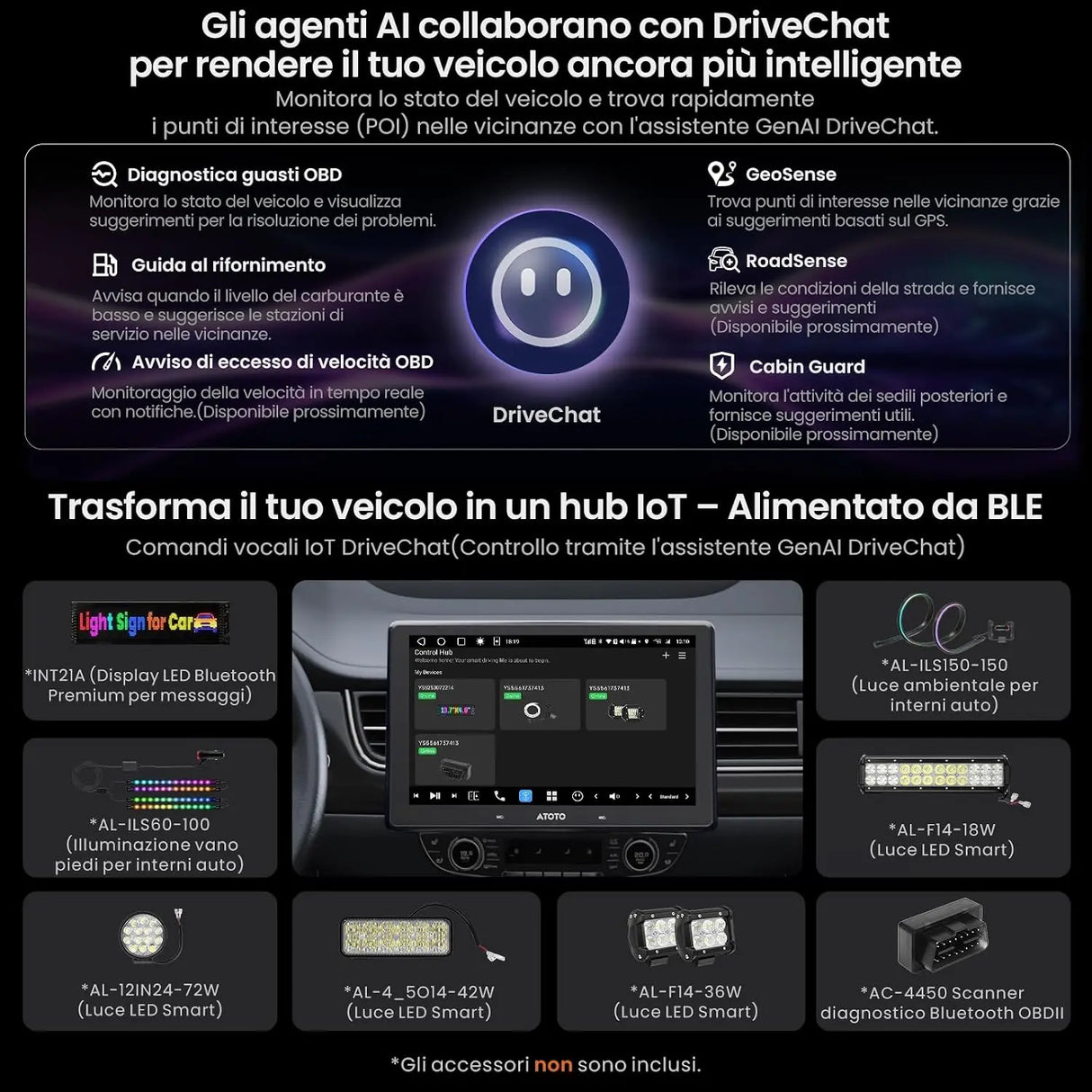 ATOTOEXCEL V10 10.1" 2din e Adattivo 1din Autoradio Android,6G+128G, 4G LTE/Wi-Fi,Karaoke in auto,DVR 4 canali, CarPlay e Android Auto Senza fili,DSP 32B-EQ,BT 5.4, Assistente IA,Tracciamento GPS