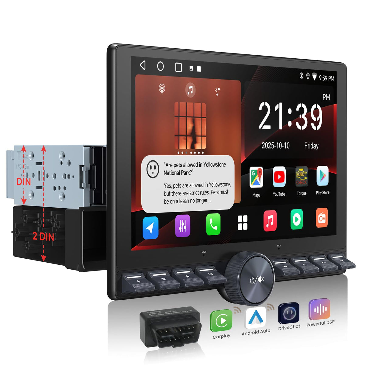 ATOTO A5LG110PT 10.1インチ QLED Android ディスプレイオーディオ(1DIN/2DIN対応)OBD2対応・ワイヤレスCarPlay/Android Auto・AIチャット搭載・WiFi/Bluetooth・2GB+32GB