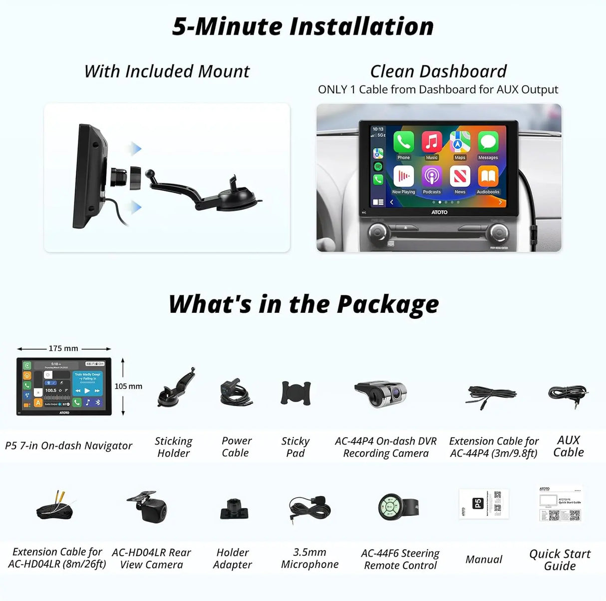 ATOTO P5 7 Zoll Navigationssystem mit Front- und 1080P Rückfahrkamera, QLED Touchscreen, Wireless CarPlay & Android Auto, GPS Navigation, automatisches Dimmen, Bluetooth, AUX/FM/USB