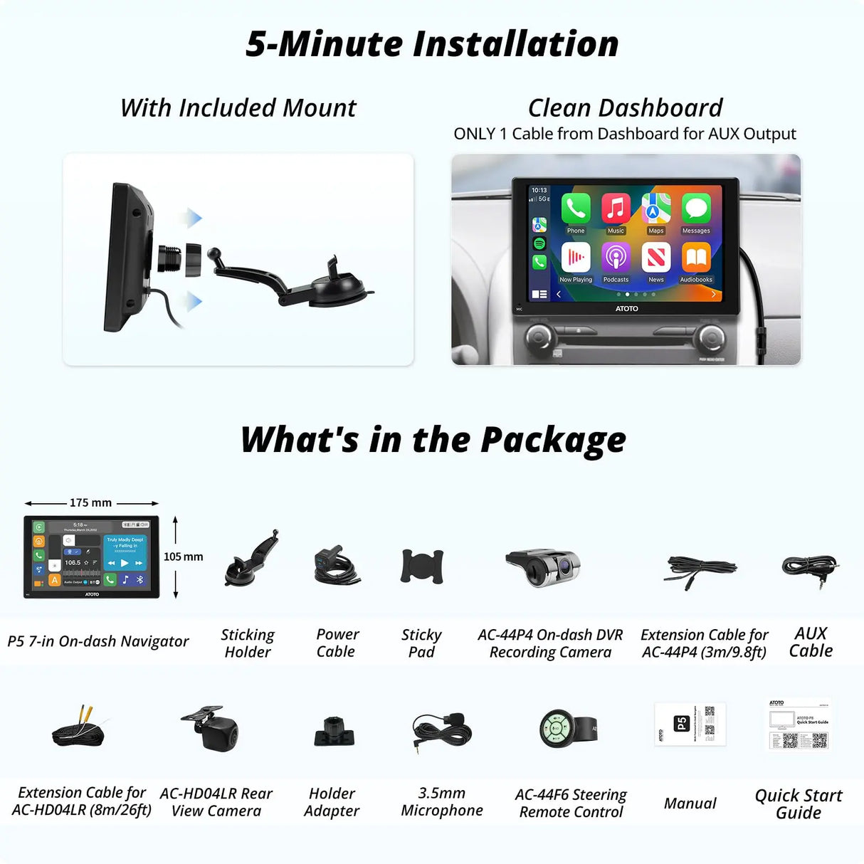 ATOTO P5 GPS para coche portátil 7" QLED con cámaras frontal DVR y trasera 1080P, CarPlay y Android Auto inalámbrico, atenuador automático, Bluetooth, salida AUX/FM