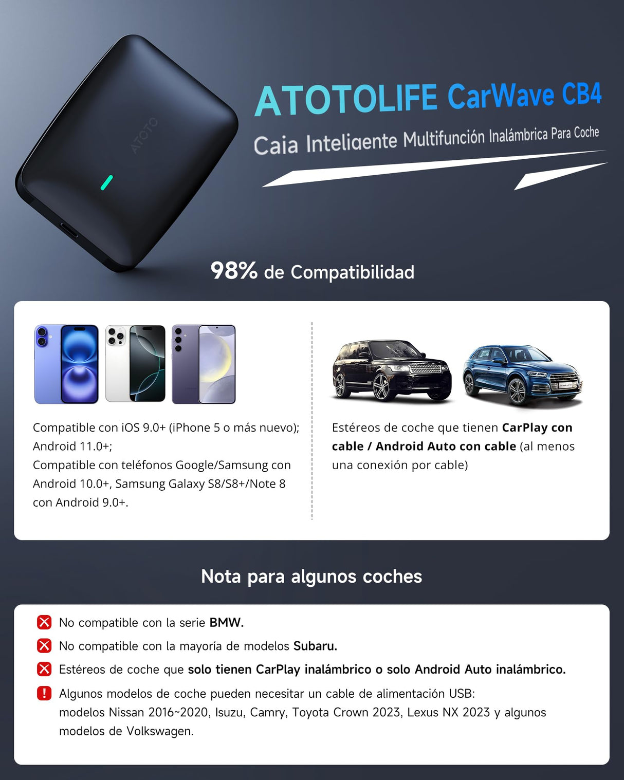 ATOTO CB4B Dongle WIFI – Dual Bluetooth, Tarjeta TF 128GB, 4G+32G, Netflix/YouTube, Adaptador CarPlay Inalámbrico, Android TV Box con AI DriveChat, Negro