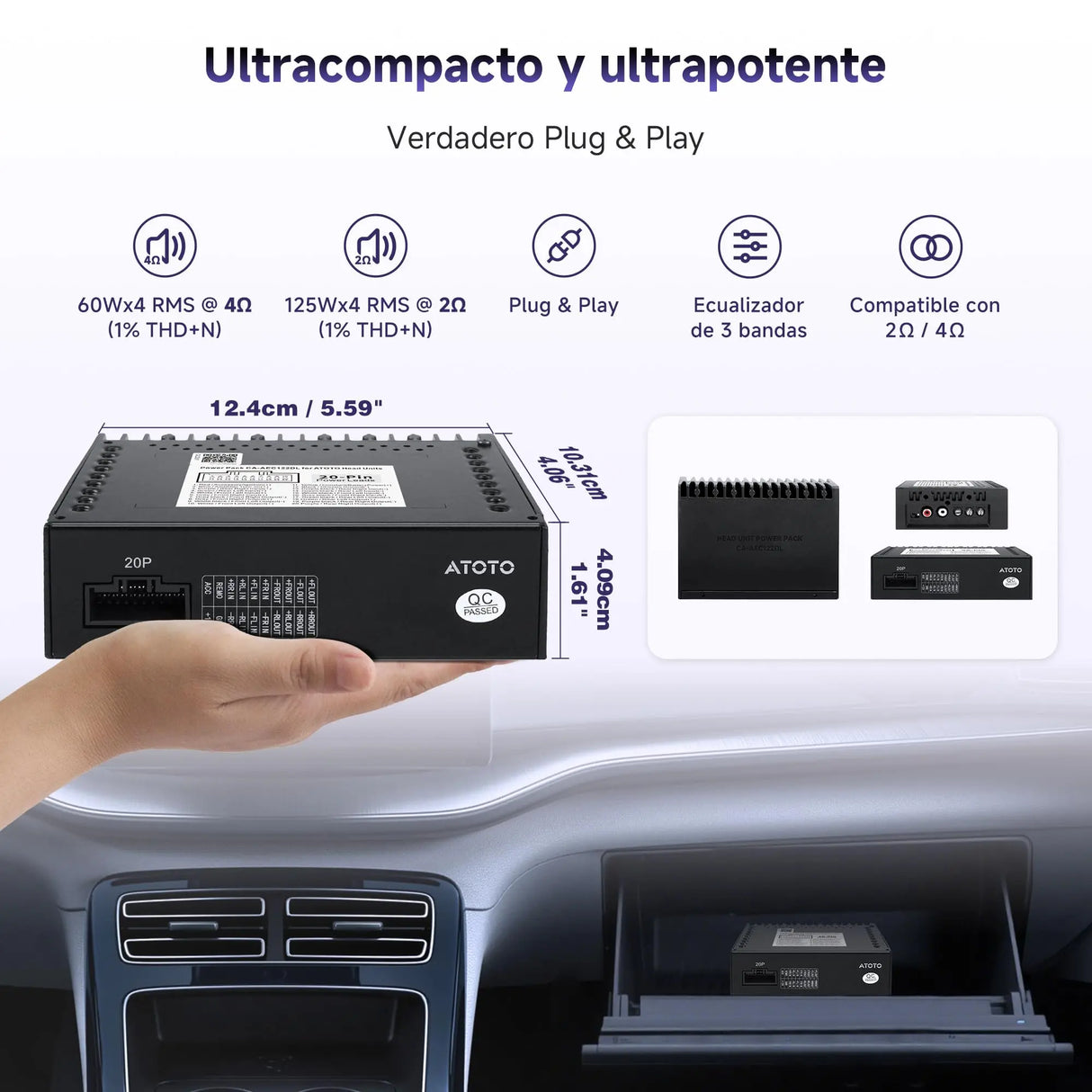 ATOTO CA-AEC122DL Amplificador de Auto Compacto 4x60W RMS, 4 Canales, Clase D TI TPA3221, EQ Personalizable, Cable de Alimentación 2m, Compatible con Estéreos ATOTO