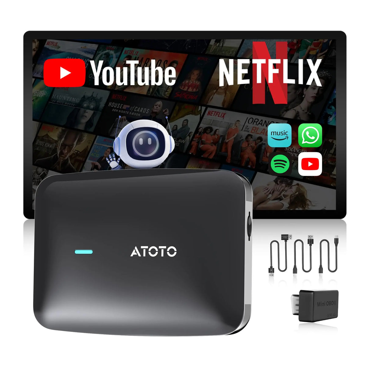 ATOTO CB4B Upgraded Wireless CarPlay Adapter & Android AI Box with OBD2 Scanner, Plug & Play Car Smart Box, AI DriveChat, Dual WiFi, OTA, 4G+32G