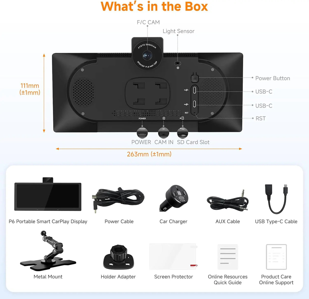 ATOTO P625S1N 10.25" Portable CarPlay Screen – Wireless CarPlay & Android Auto Car Stereo with Front & Cabin DVR Cameras, G-Sensor, WiFi/USB Tethering, Bluetooth, MirrorLink, GPS