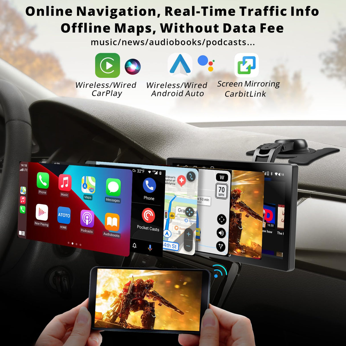 ATOTO 7" Portable Car Stereo with 1080P Front & Rear Cameras, QLED Display, Wireless CarPlay & Android Auto, 4G LTE, 4+32G, Dual Bluetooth, GPS Tracking, HDMI Input